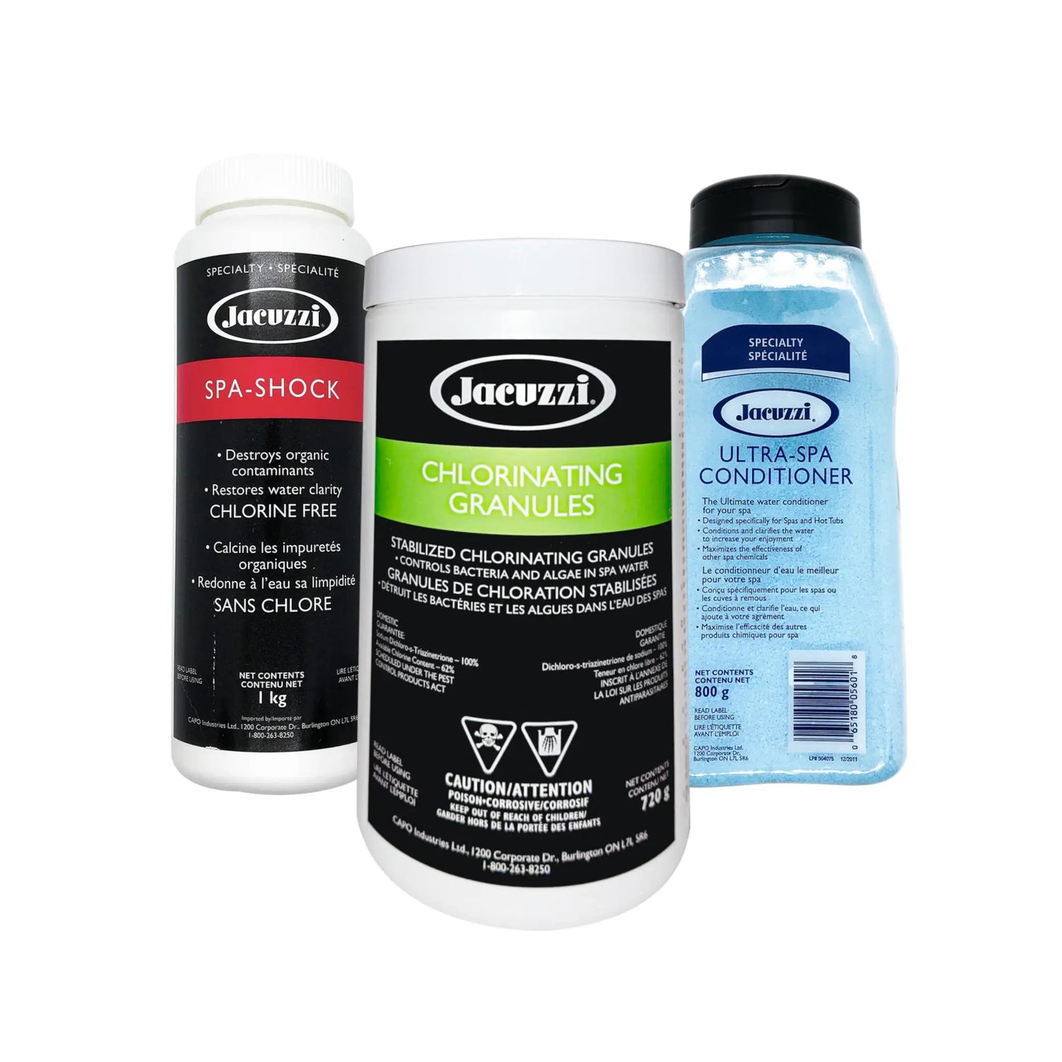 Jacuzzi brand Spa Shock, Chlorine granules, and Ultra Spa Conditioner for hot tubs