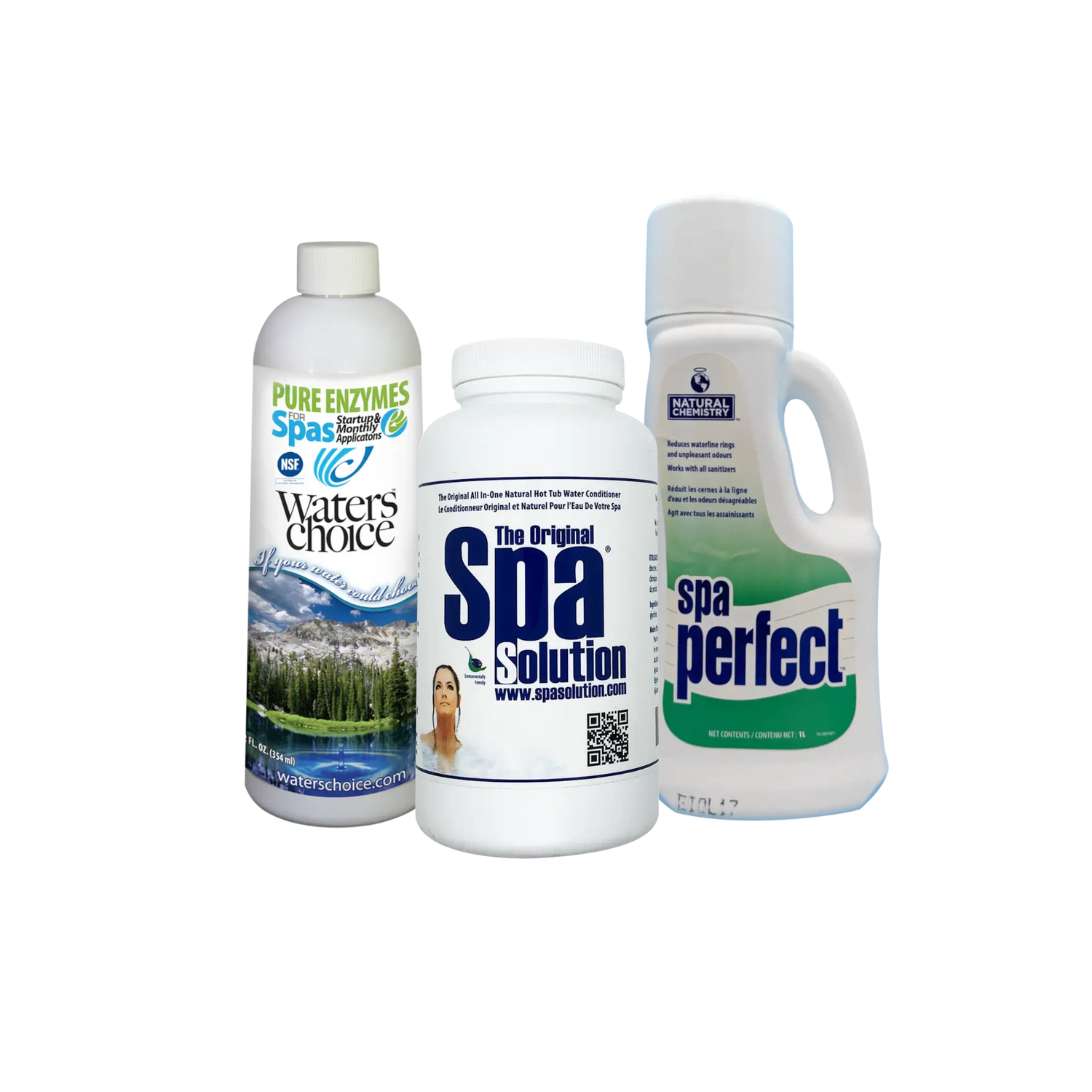 Hot tub enzymes. Spa Solution, Pure Enzymes by Waters Choice, and Spa Perfect by Natural Chemistry 