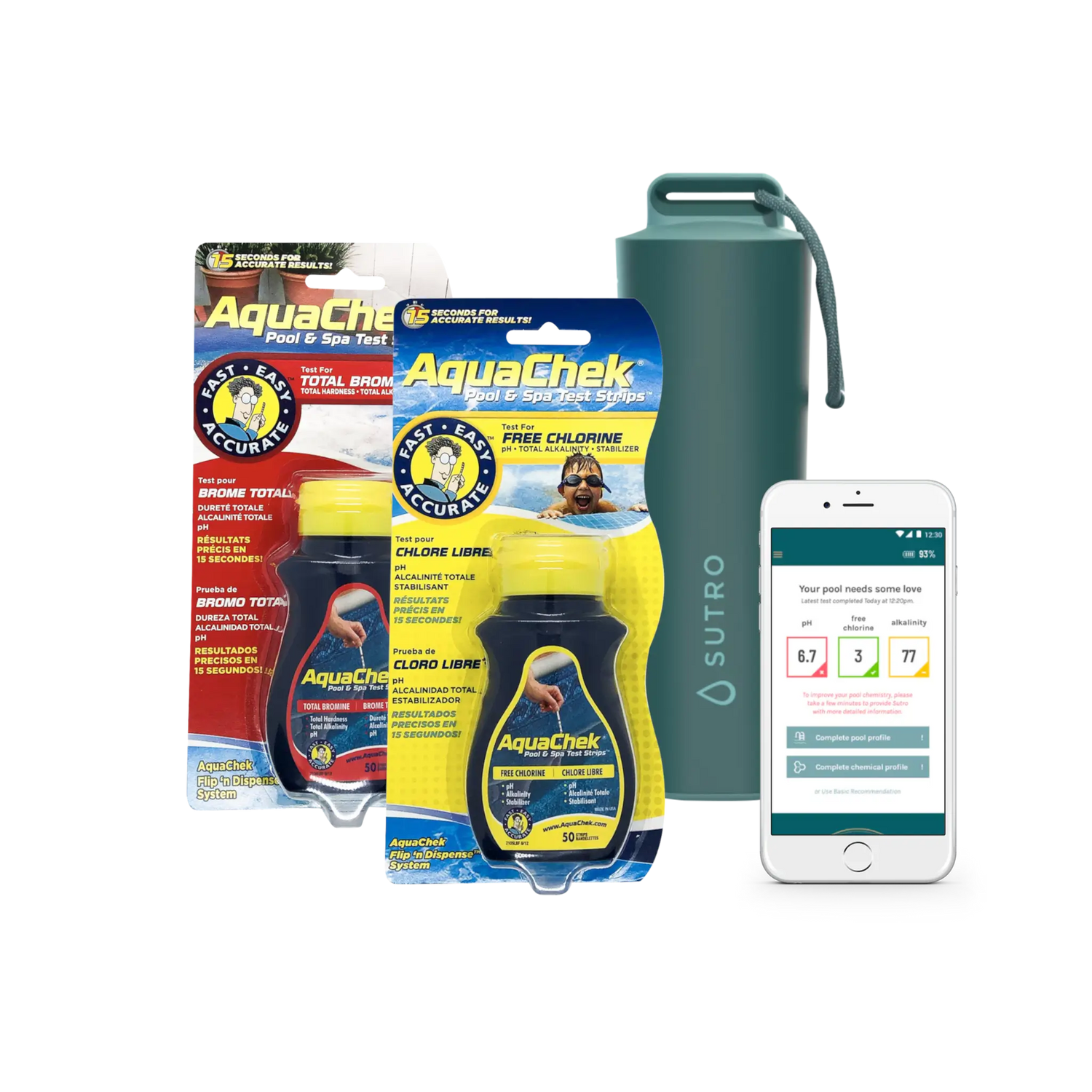 AuqaCheck chlorine and bromine testing kits, and the sutro smart monitor remote water testing device