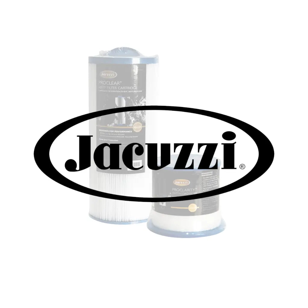 Jacuzzi logo with 6000-383 filter and 6473-161 depth filter for Jacuzzi J300, J400, and J500 series hot tubs