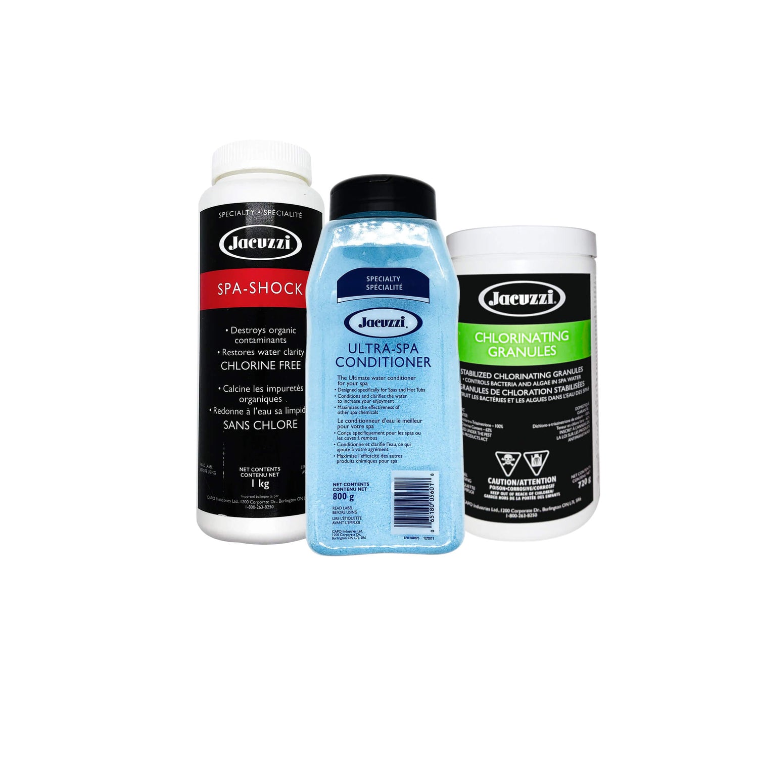 Jacuzzi brand Spa Shock, Chlorine Granules, and Ultra Spa water conditioner for hot tubs
