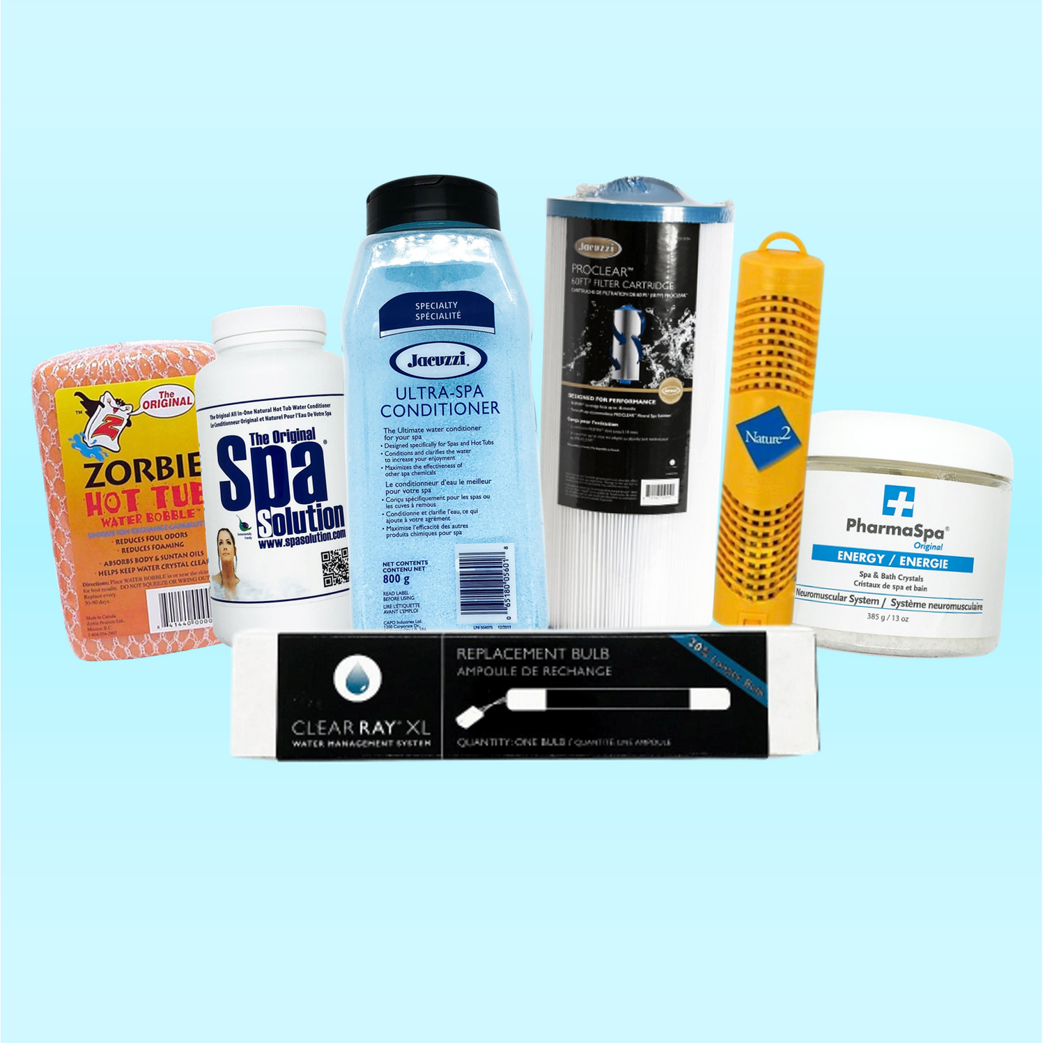 Image of various hot tub water care products