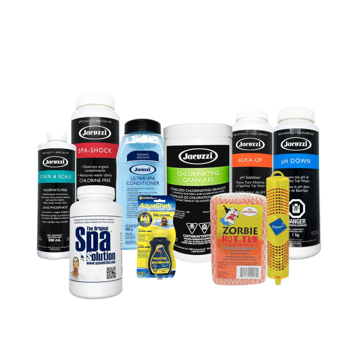 Hot Tub Store Starter Kit - everything you need to get started on the ultimate spa routine. Includes: Jacuzzi brand Chlorine Granules, Stain and Scale, Alka Up, pH Down, Ultra Spa Water Conditioner, Test Strips, Zorbie Scum Sponge, Nature2 Mineral Sanitizer, and Spa Solution Enzymes.
